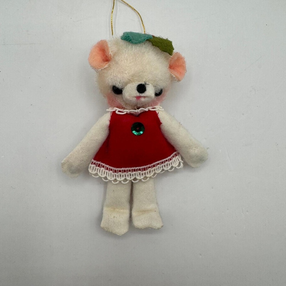 Vintage Bear Ornament Small White Red Mid-Century Kitsch Plush